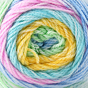 100g skein of aran weight nylon acrylic semi solid self striping yarn in Summer Bouquet pastel blue/green/yellow/pink