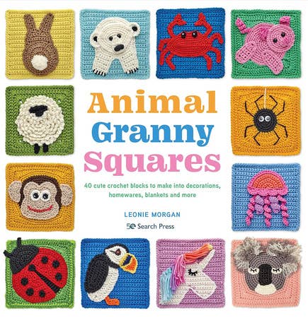 Cover of 'Animal Granny Squares' book with various animal-themed crochet squares.