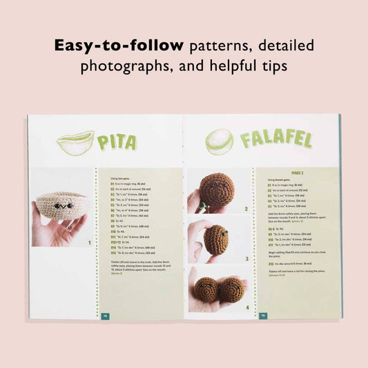 Open book showing crochet patterns for 'Pita' and 'Falafel' with text about easy-to-follow patterns and helpful tips.