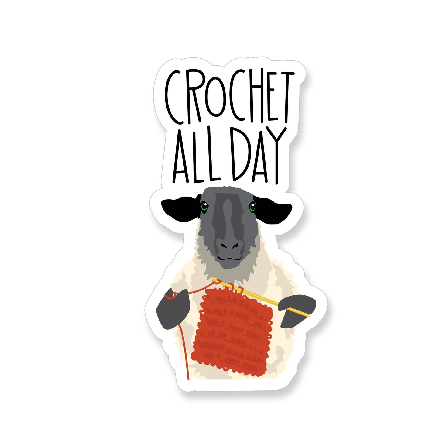Sticker of a sheep holding yarn and crochet hook with 'Crochet All Day' text