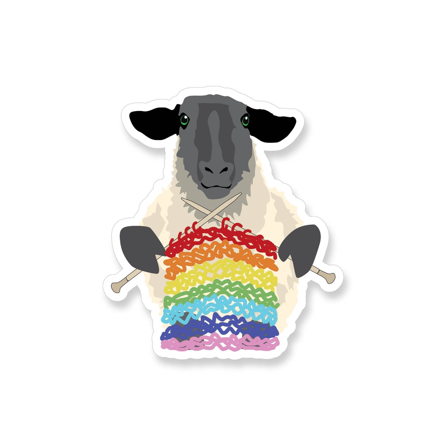 Sheep knitting a rainbow scarf sticker