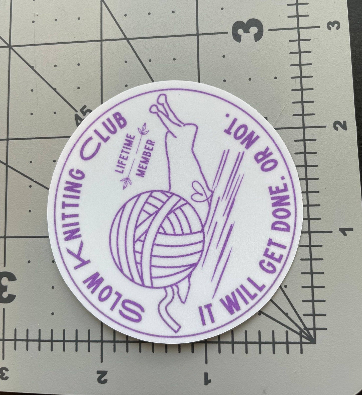 Vinyl Sticker - Slow Knitting Club - Purple White Yarn Snail