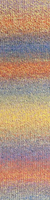 Knitted swatch of sport/DK weight superwash wool color-shifting yarn in  Beach Sunset yellow/orange/blue/red/purple