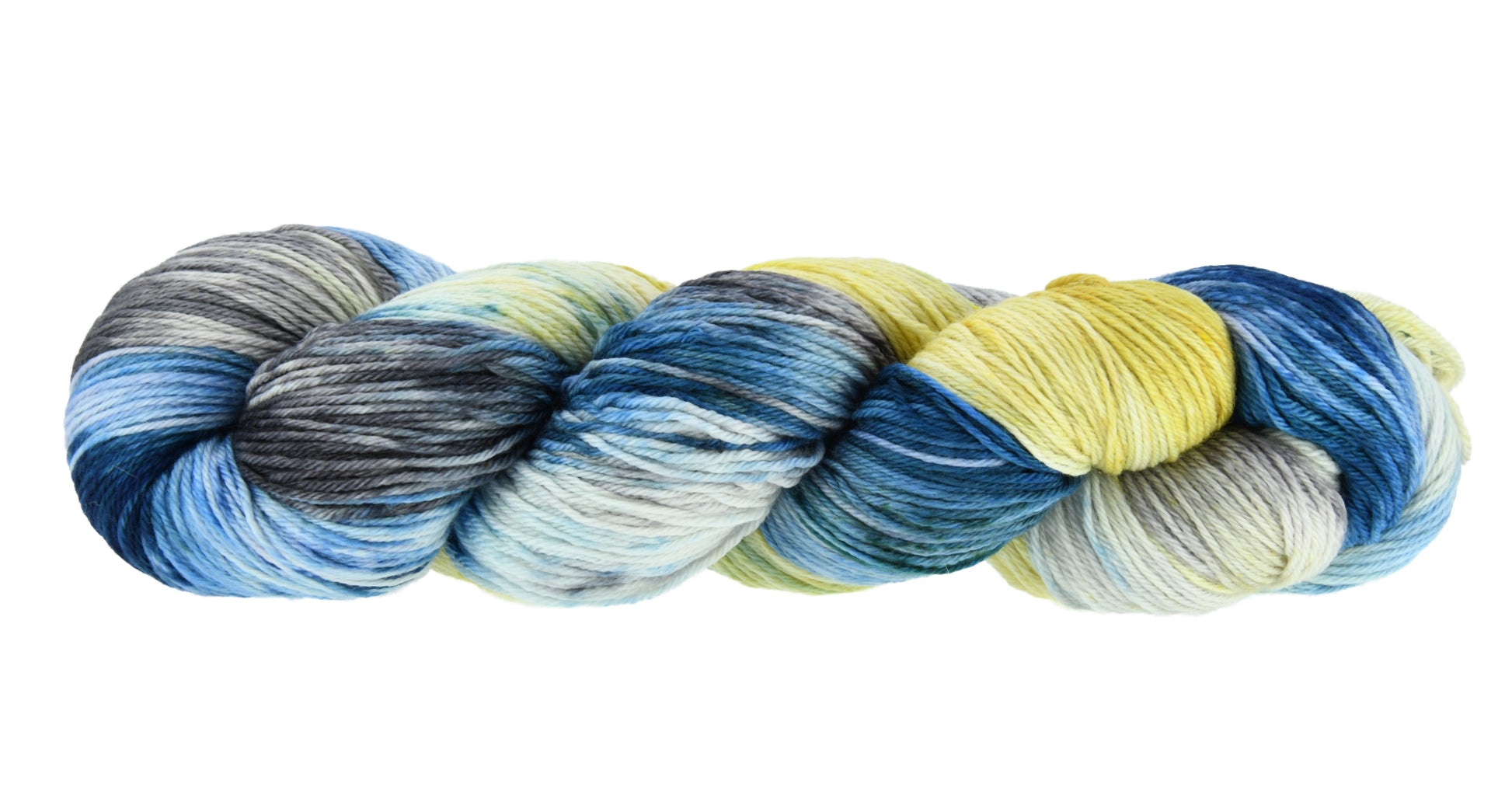 100g skein of fingering weight merino/cashmere/nylon yarn in Beehive blue/yellow/black/gray hand dyed