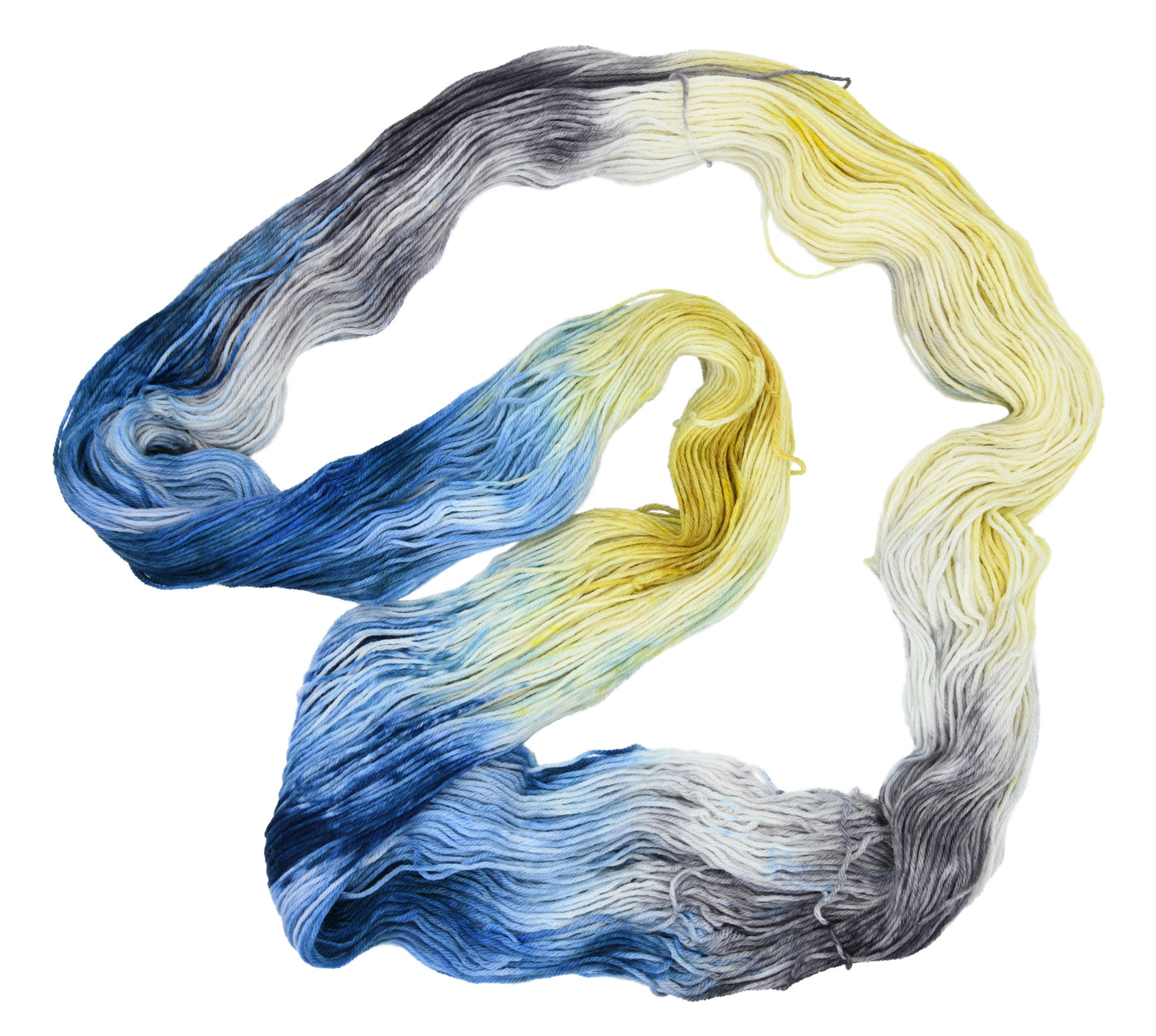 100g skein of fingering weight merino/cashmere/nylon yarn in Beehive blue/yellow/black/gray hand dyed