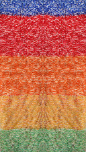 100g knitted swatch of aran weight nylon acrylic semi solid self striping yarn in Spectrum blue/red/orange/yellow/green