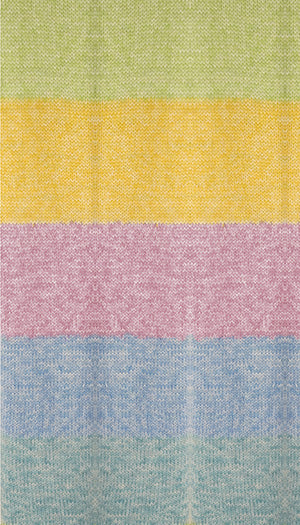100g knitted swatch of aran weight nylon acrylic semi solid self striping yarn in Summer Bouquet pastel green/yellow/pink/blue/teal