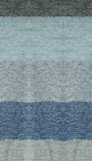 100g knitted swatch of aran weight nylon acrylic semi solid self striping yarn in Denim black/light blue/gray/dark blue
