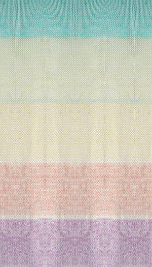 100g knitted swatch of aran weight nylon acrylic semi solid self striping yarn in Pastels green/yellow/orange/pink