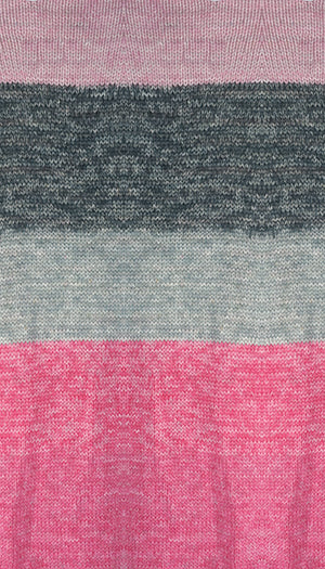 100g knitted swatch of aran weight nylon acrylic semi solid self striping yarn in Raspberry Smoke pink/black/gray/bright pink