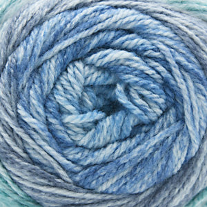 100g skein of aran weight nylon acrylic semi solid self striping yarn in Azul blue/gray/aqua