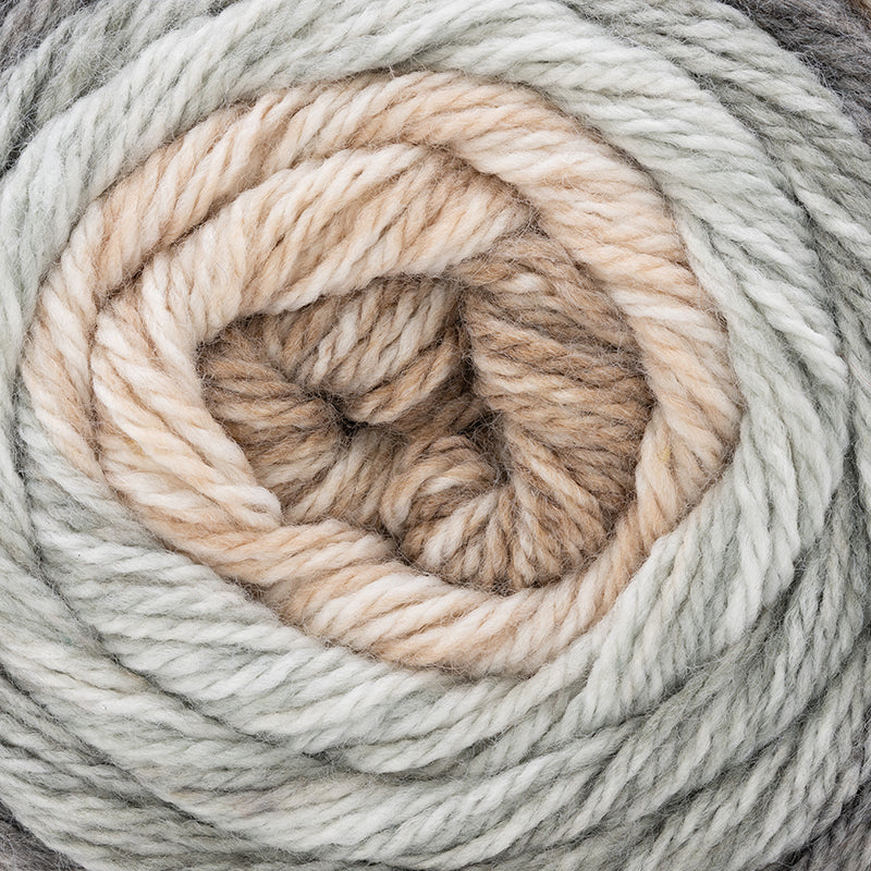 100g skein of aran weight nylon acrylic semi solid self striping yarn in Neutral brown/tan/gray/black