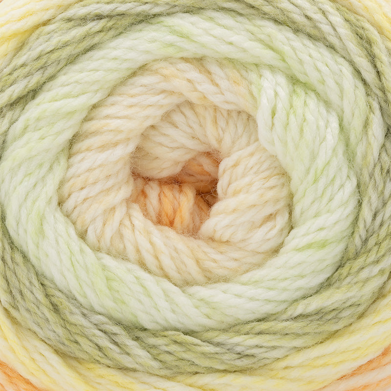 100g skein of aran weight nylon acrylic semi solid self striping yarn in Tender Green orange/yellow/green