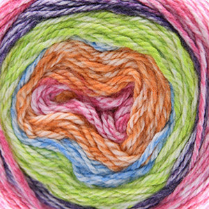100g skein of aran weight nylon acrylic semi solid self striping yarn in Bright pink/orange/blue/green/purple