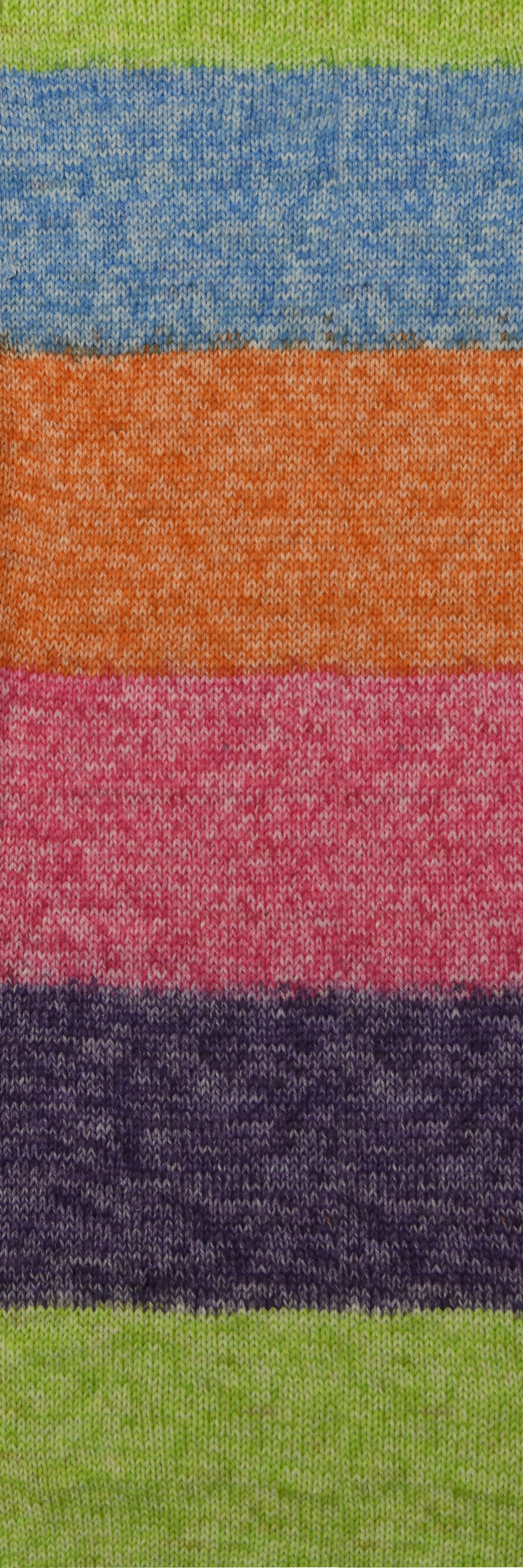 100g knitted swatch of aran weight nylon acrylic semi solid self striping yarn in Bright green/blue/orange/red/purple