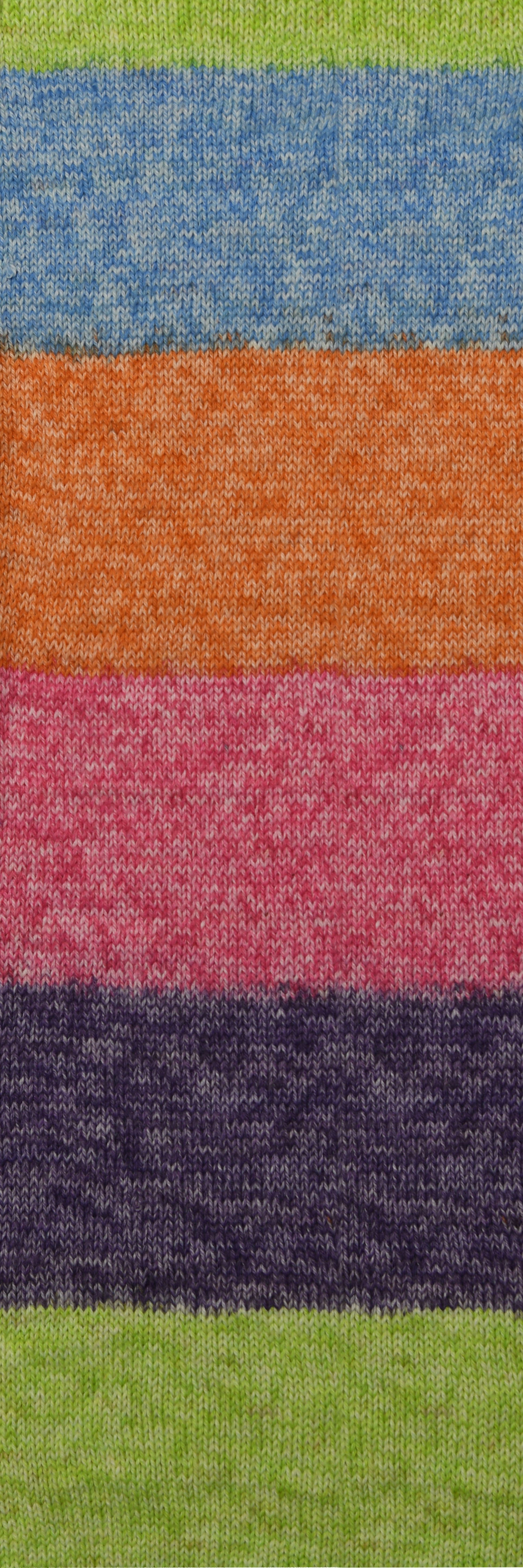 100g knitted swatch of aran weight nylon acrylic semi solid self striping yarn in Bright green/blue/orange/red/purple