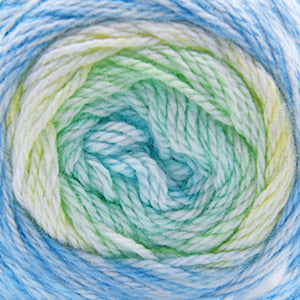 100g skein of aran weight nylon acrylic semi solid self striping yarn in Prism pastel blue/green/yellow