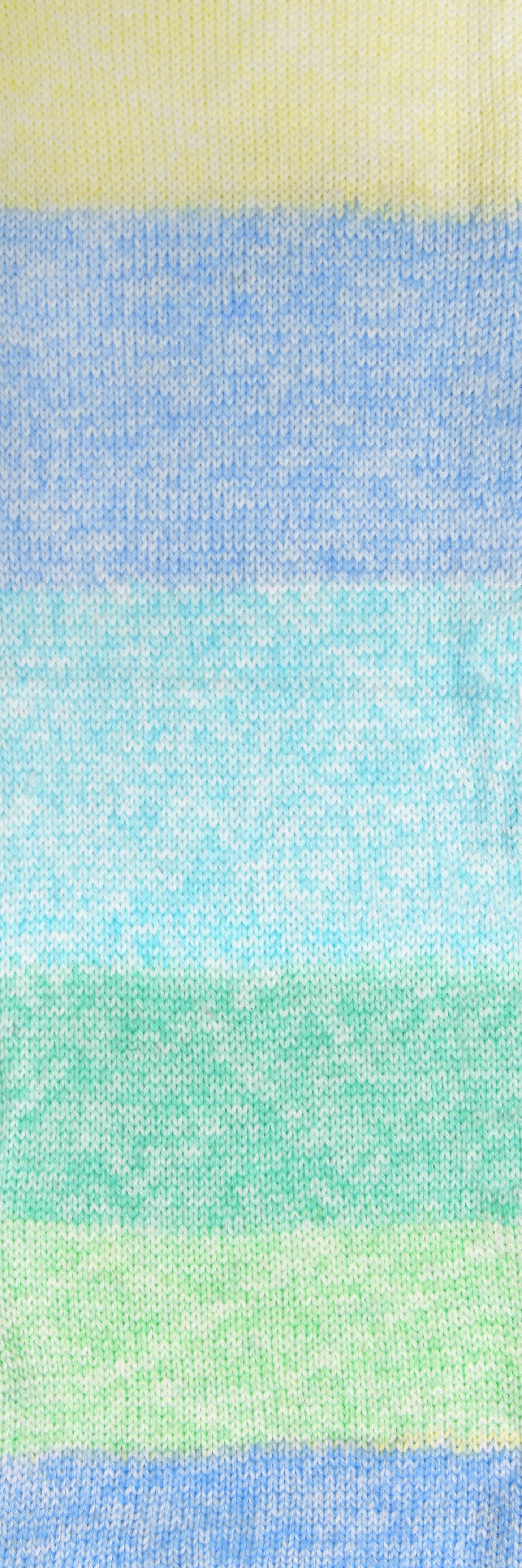 100g knitted swatch of aran weight nylon acrylic semi solid self striping yarn in Prism yellow/blue/aqua/teal/green