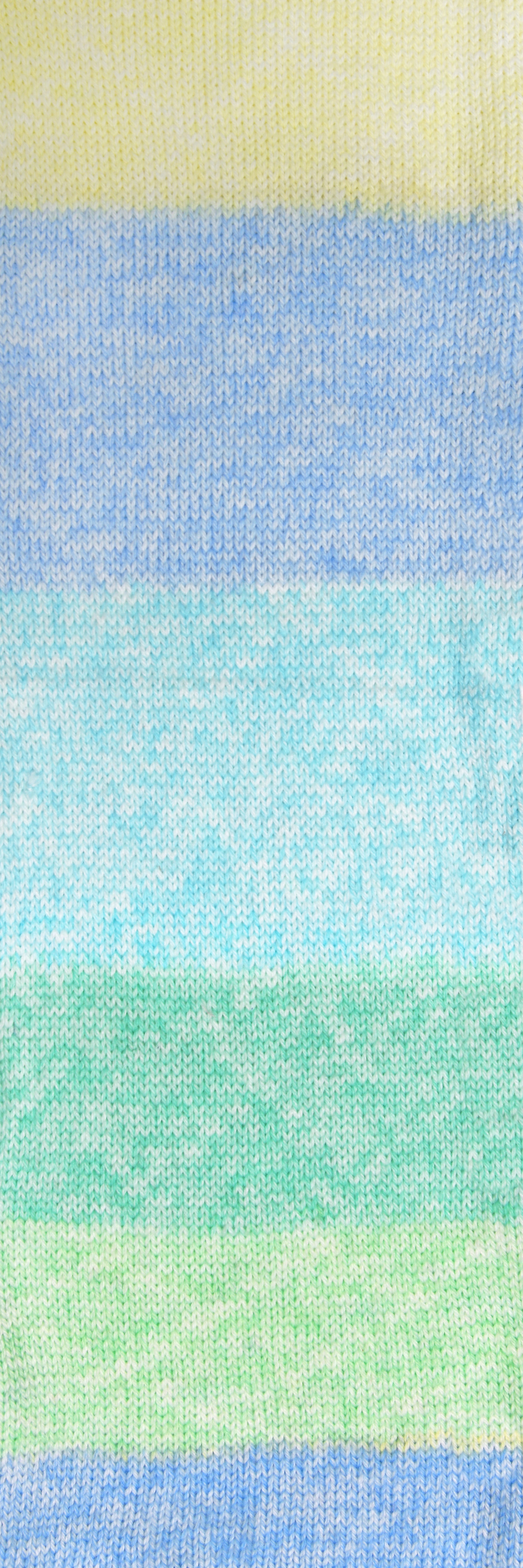 100g knitted swatch of aran weight nylon acrylic semi solid self striping yarn in Prism yellow/blue/aqua/teal/green