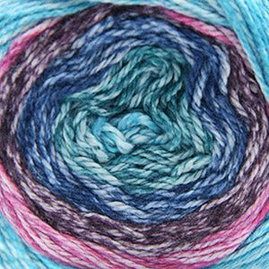 100g skein of aran weight nylon acrylic semi solid self striping yarn in Xenox aqua/teal/blue/black/pink