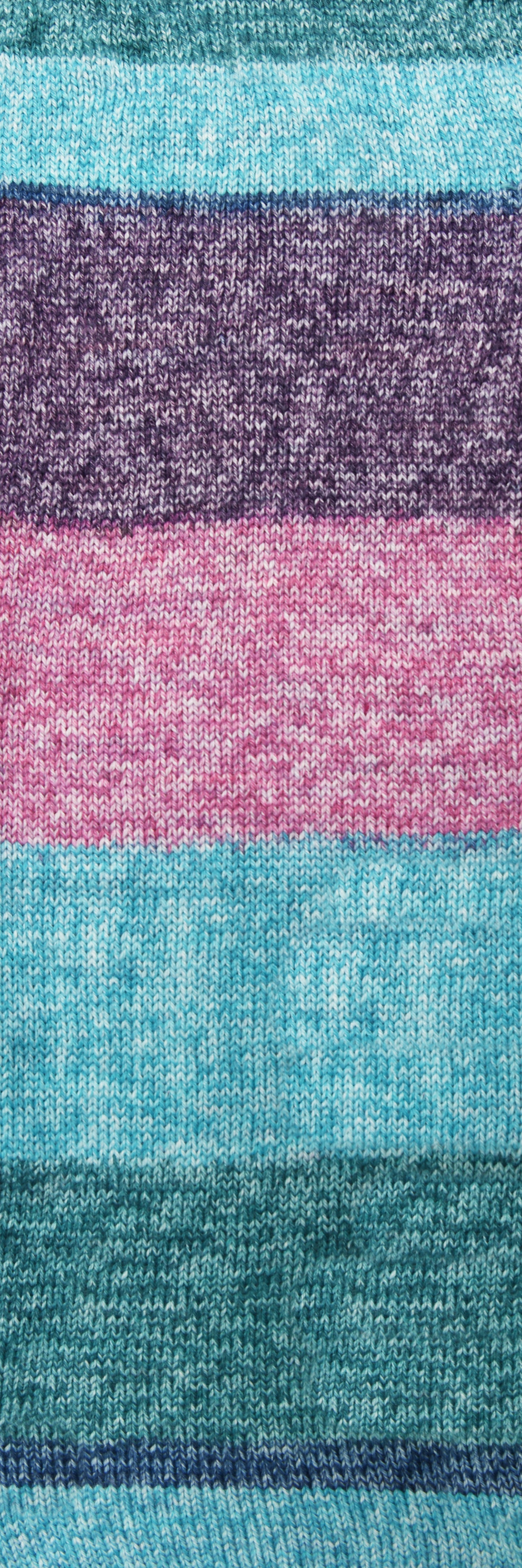 100g knitted swatch of aran weight nylon acrylic semi solid self striping yarn in Xenox aqua/purple/pink/teal