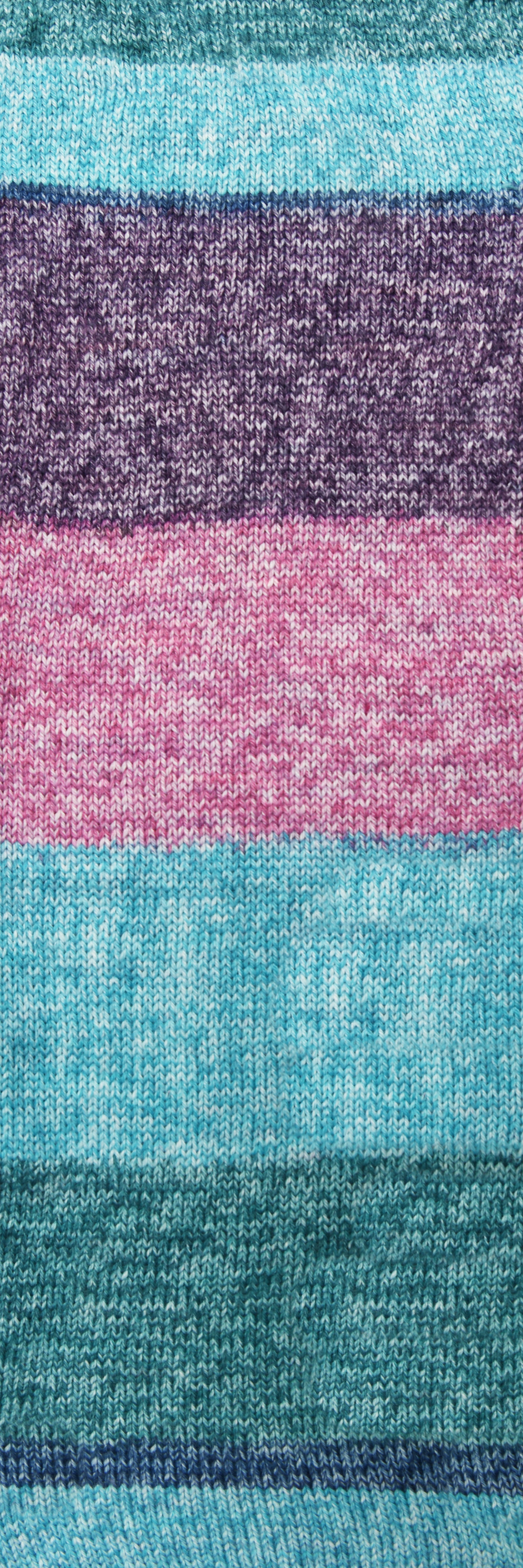 100g knitted swatch of aran weight nylon acrylic semi solid self striping yarn in Xenox aqua/purple/pink/teal