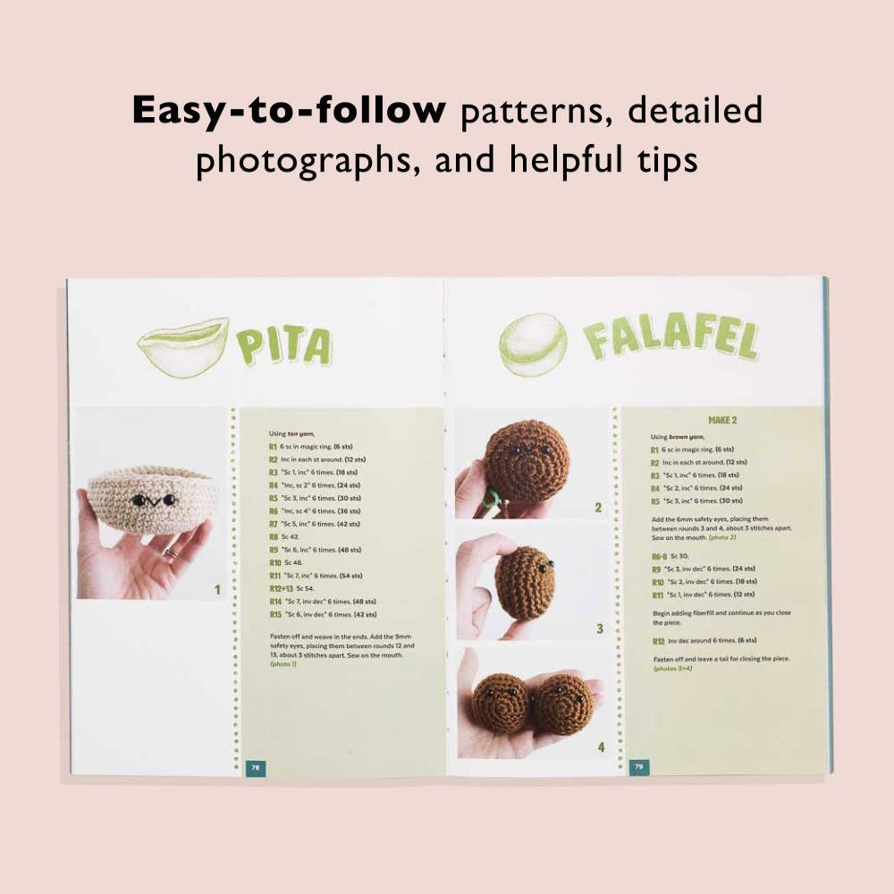 Open book showing crochet patterns for 'Pita' and 'Falafel' with text about easy-to-follow patterns and helpful tips.