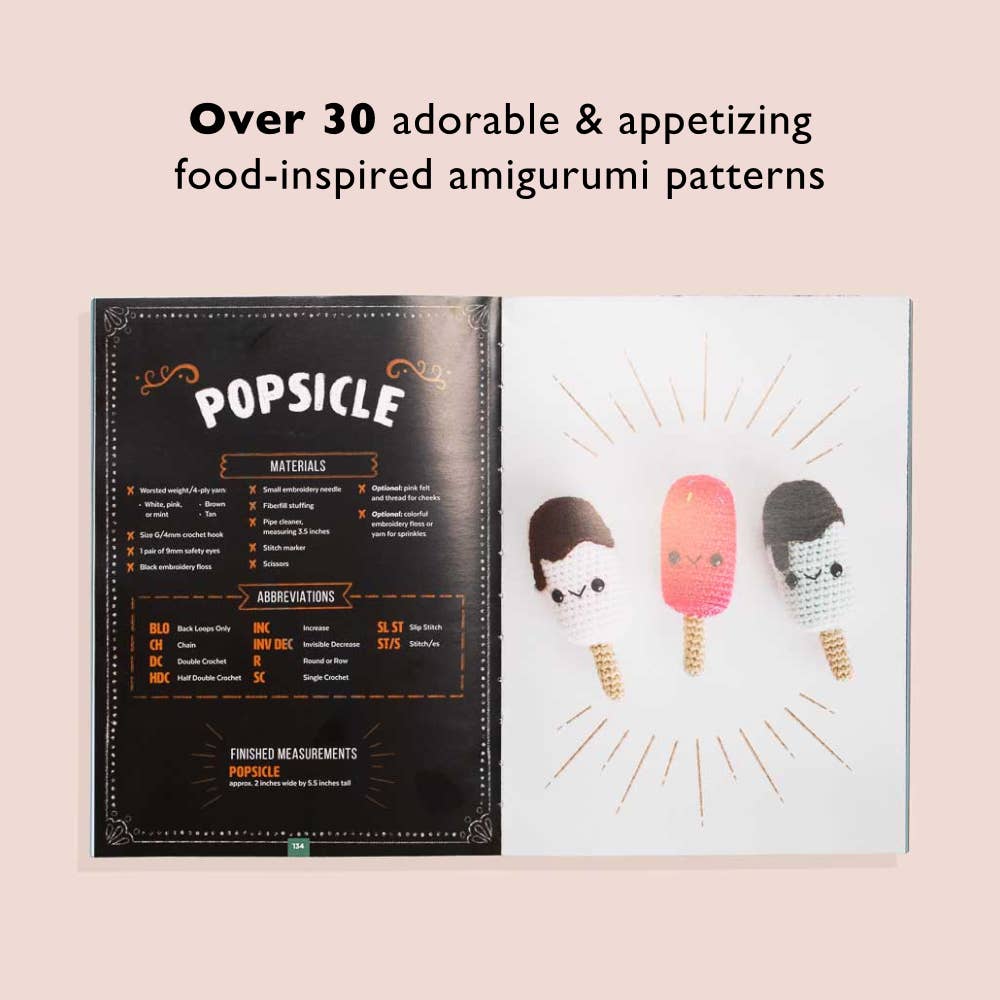Amigurumi pattern book with a popsicle design and example of materials needs and stitch definitions