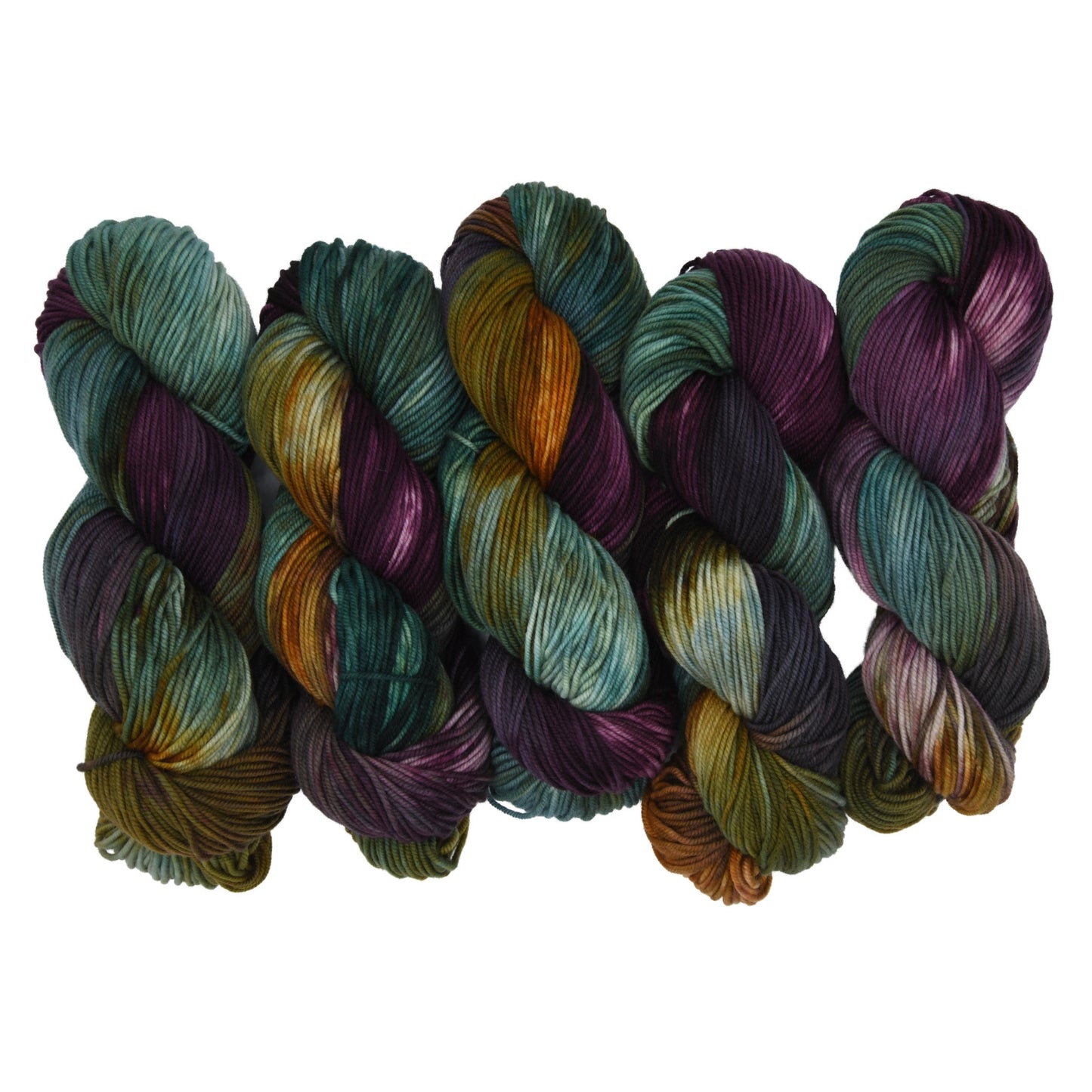 100g skein of fingering weight merino/cashmere/nylon yarn in Crown and Cloak turquoise/purple/orange hand dyed