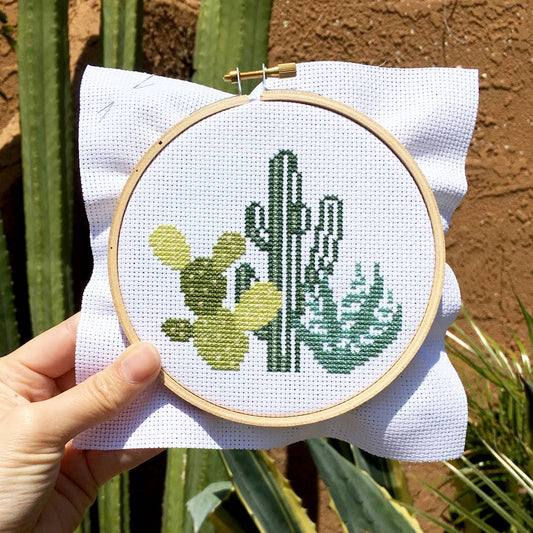 Embroidery hoop with a cactus design held by a hand, against a natural background.