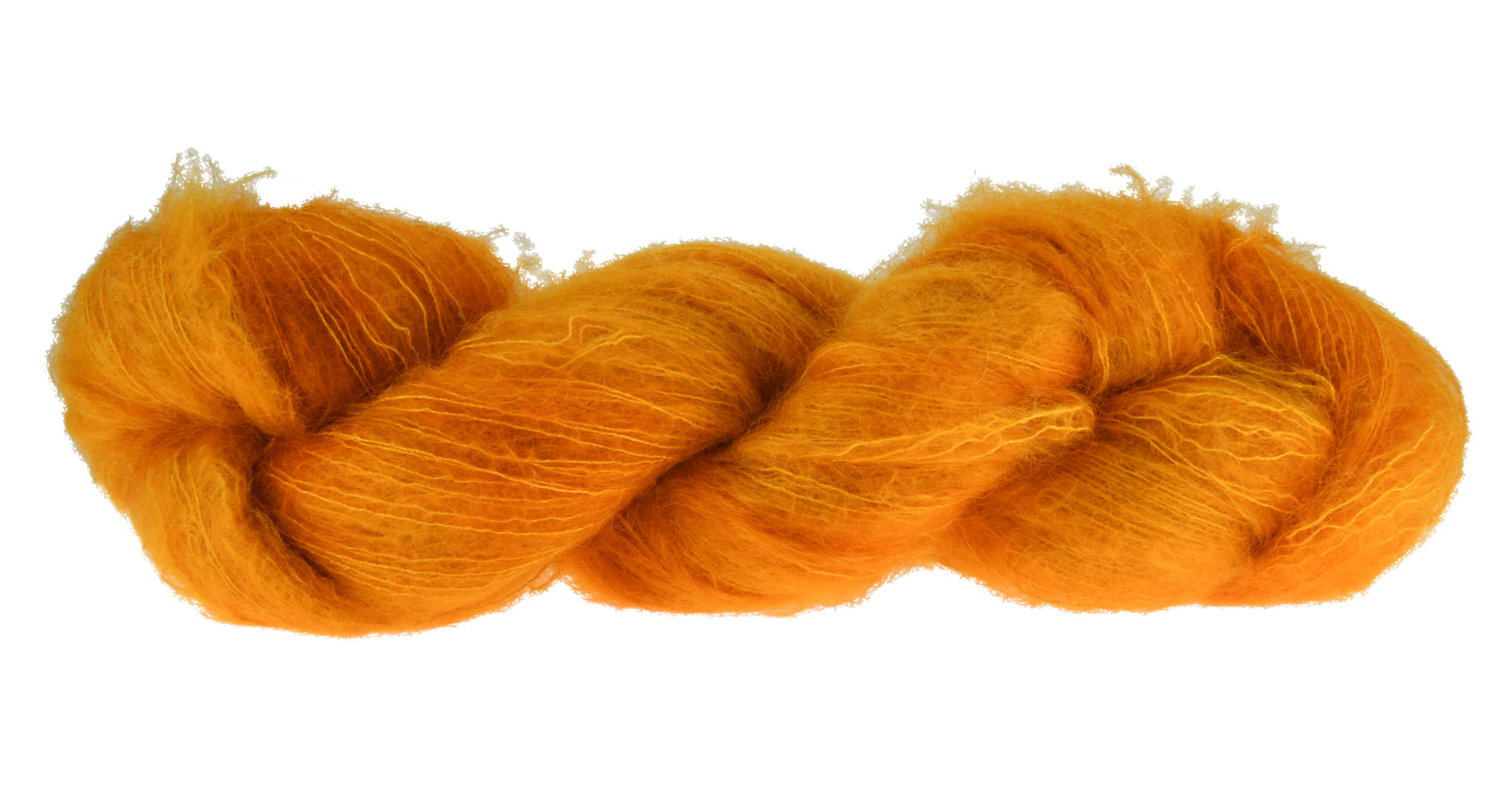 100g skein of lace weight mohair yarn in Golden Era orange/gold hand dyed