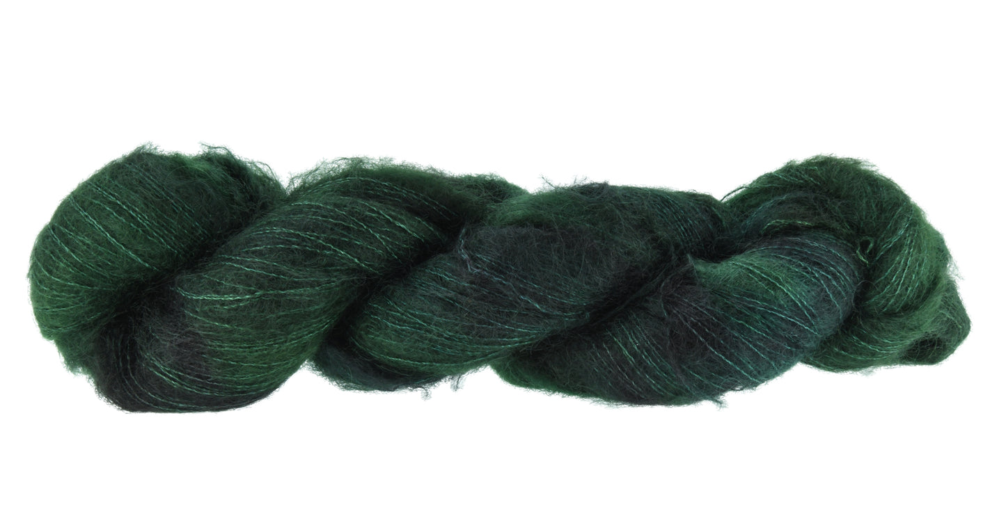 100g skein of lace weight mohair yarn in Holly Leaves dark green hand dyed