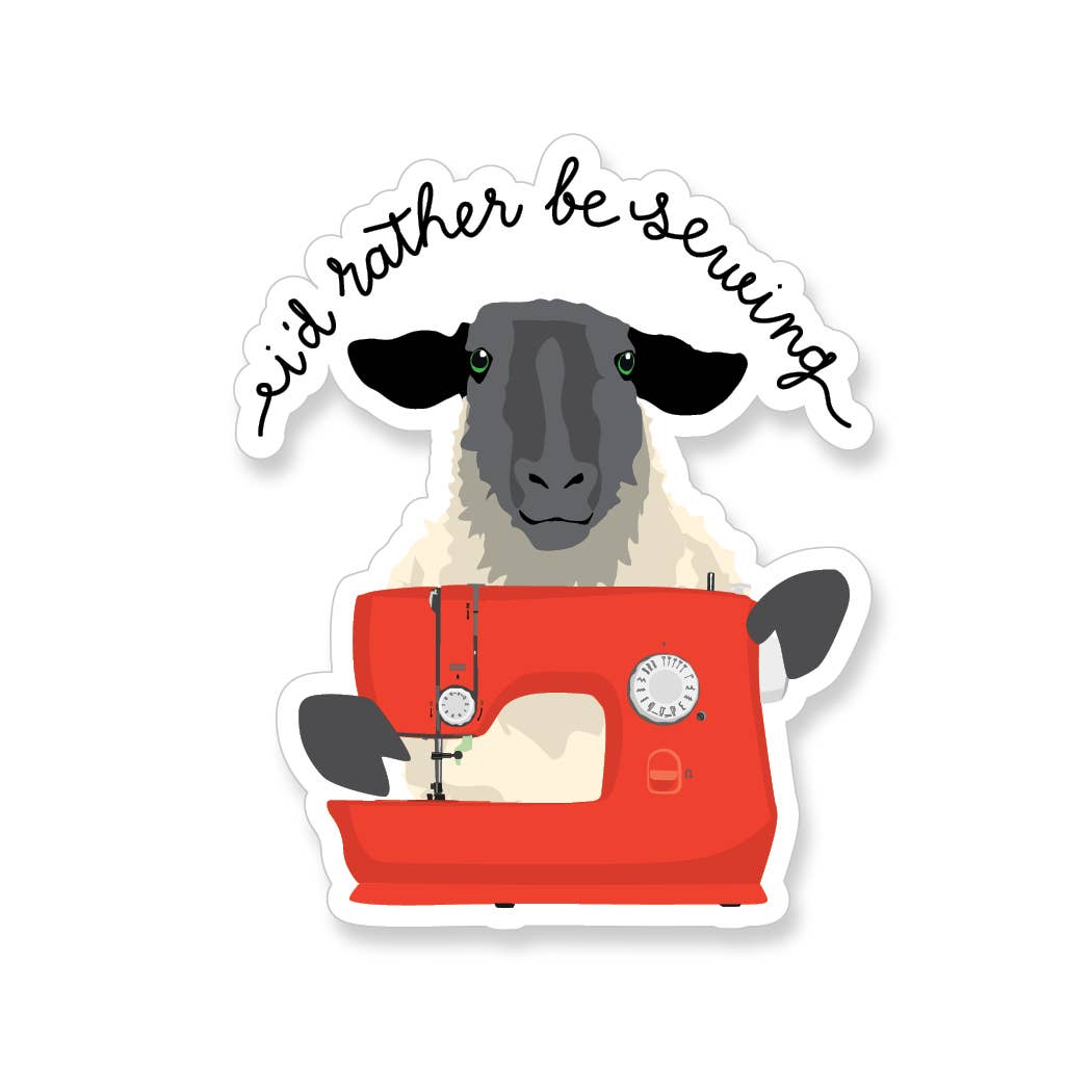 Sheep operating a red sewing machine with 'I'd rather be sewing' text 