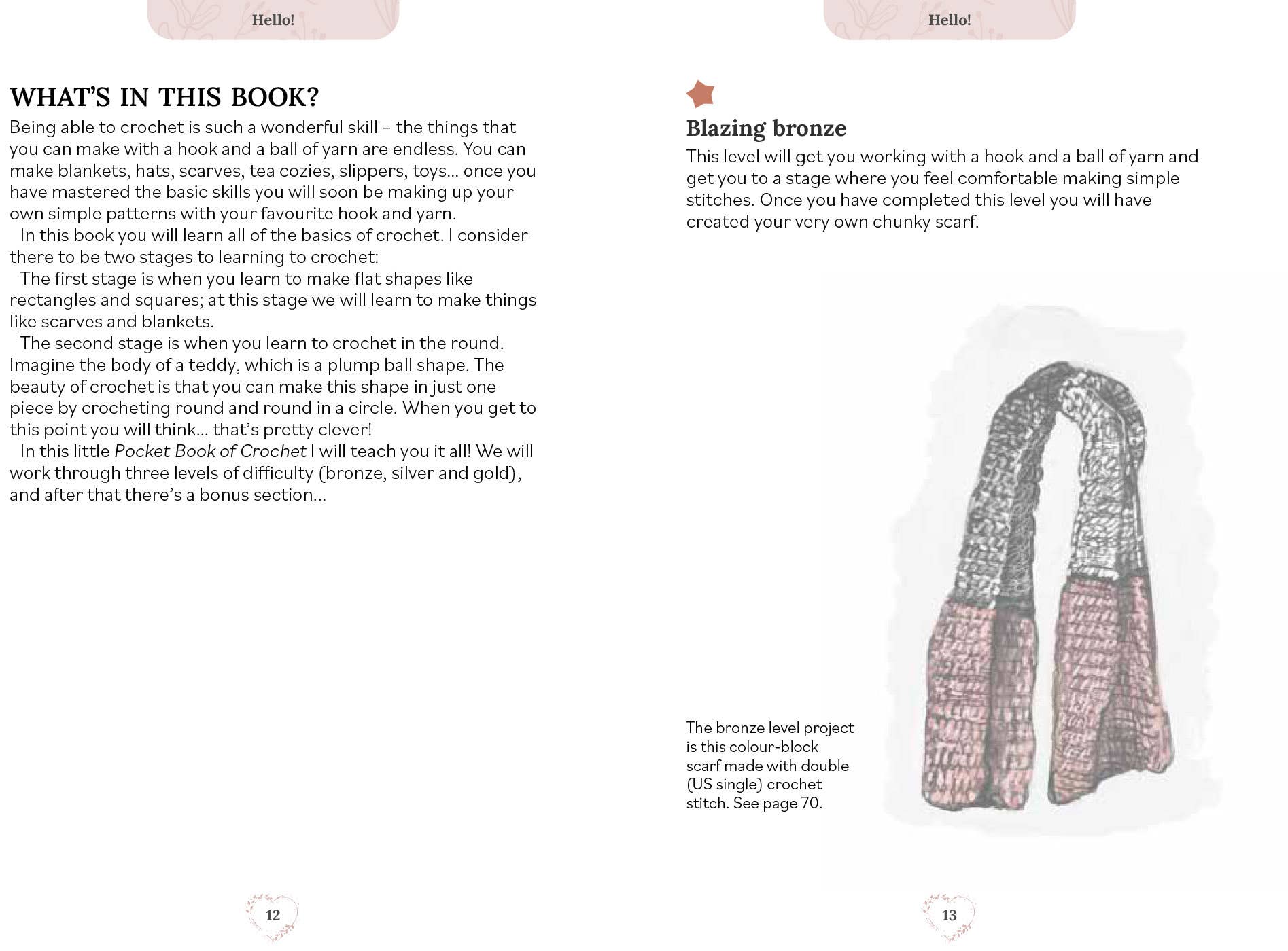 Page from Pocket Book of Crochet with text and an illustration of a crocheted scarf.