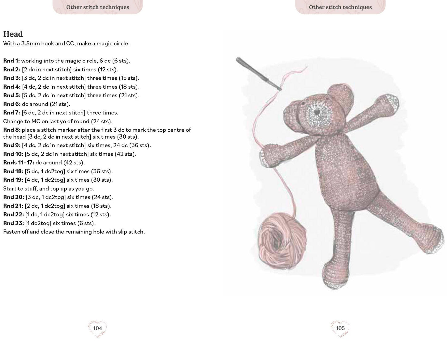 Pocket Book of Crochet sample pattern page with teddy bear illustration
