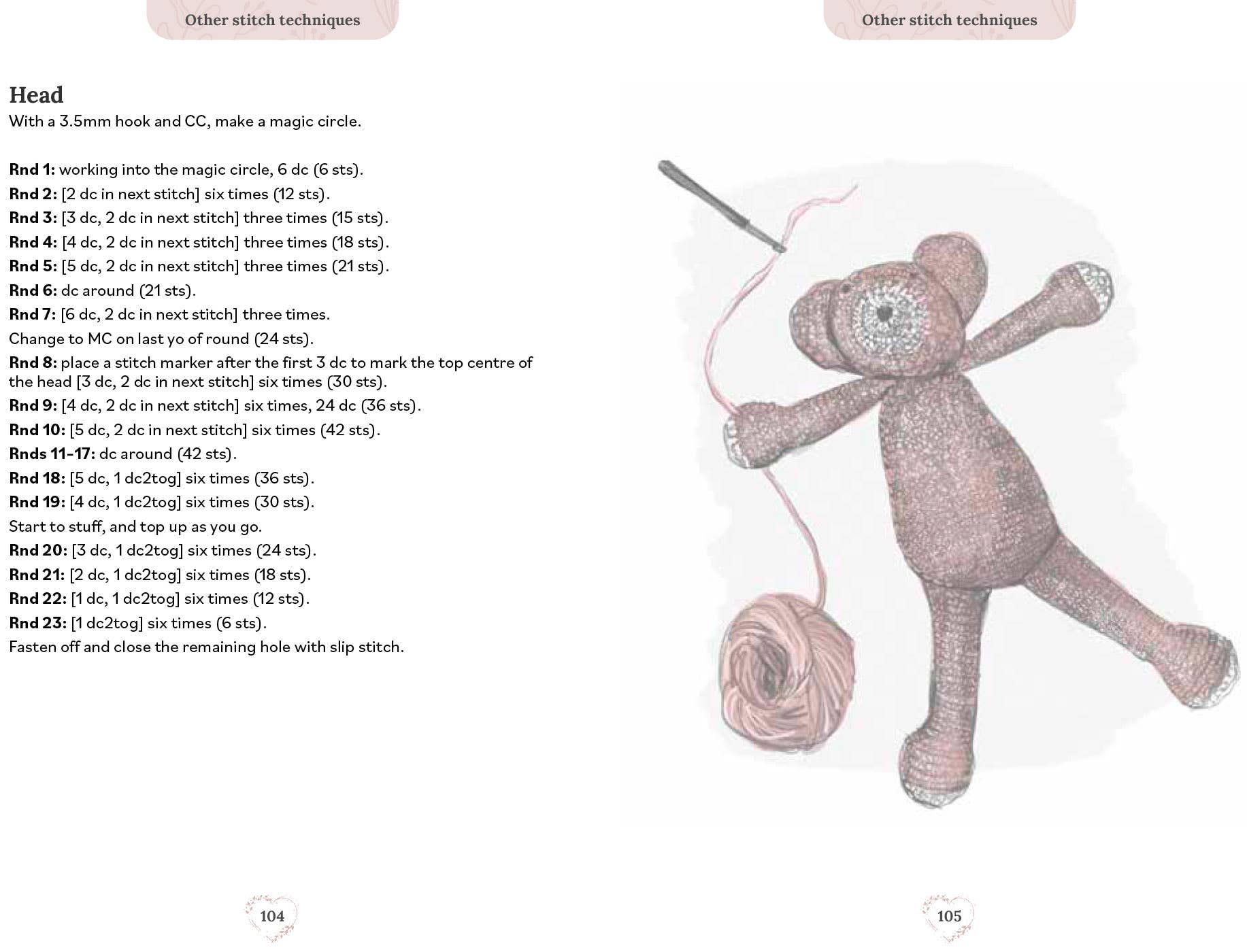 Pocket Book of Crochet sample pattern page with teddy bear illustration