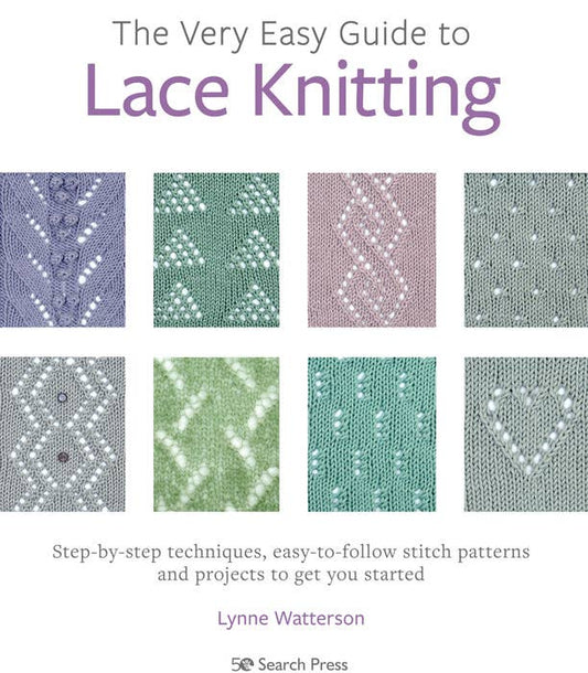 Book cover of 'The Very Easy Guide to Lace Knitting' with lace patterns and author's name Lynne Watterson