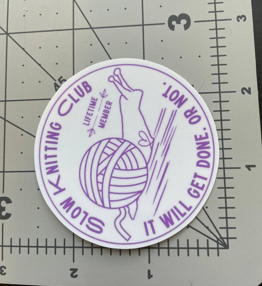Vinyl Sticker - Slow Knitting Club - Purple White Yarn Snail